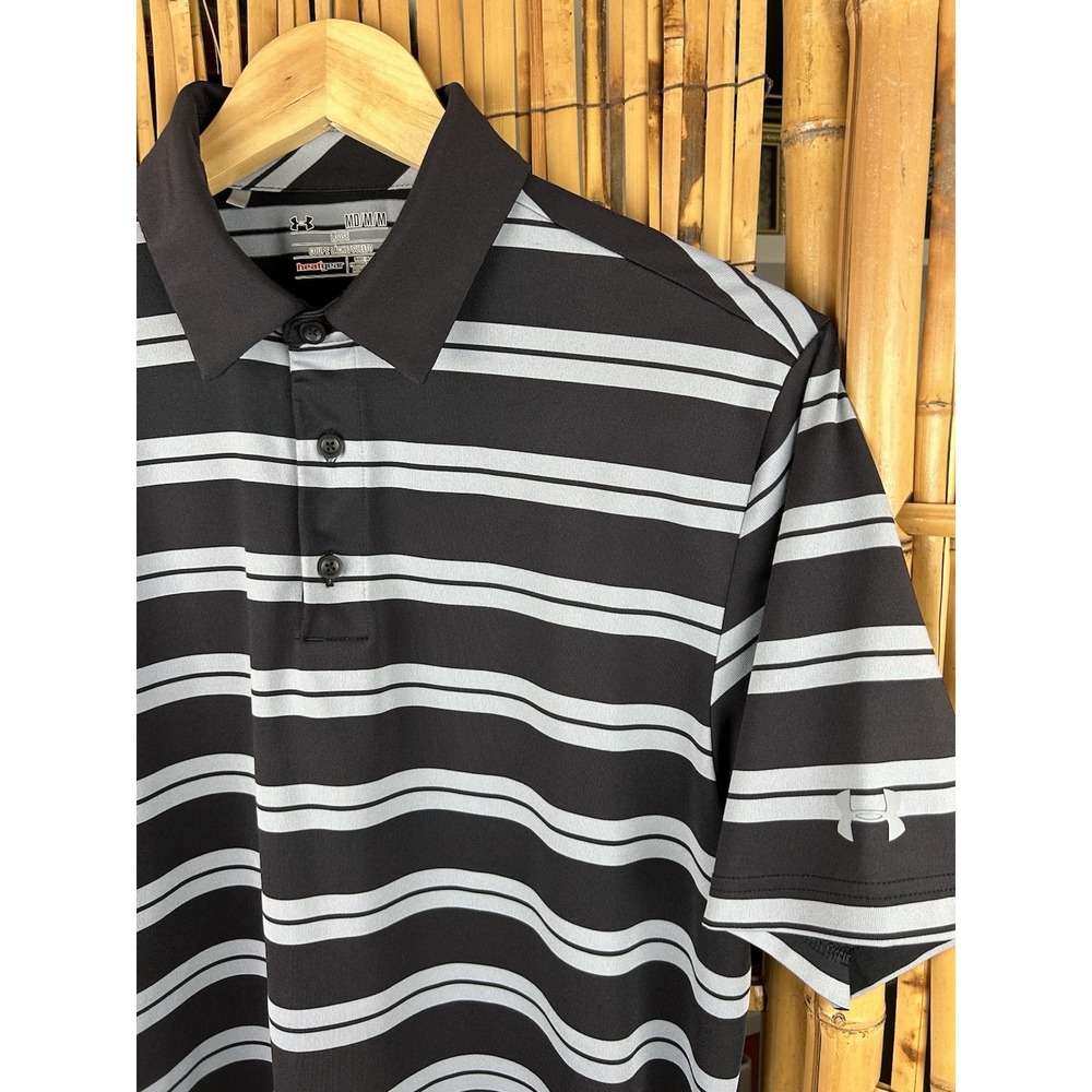 Under Armour Heat Gear Men's Short Sleeve Polo - Black Gray - Medium Loose Fit - Picture 3 of 15